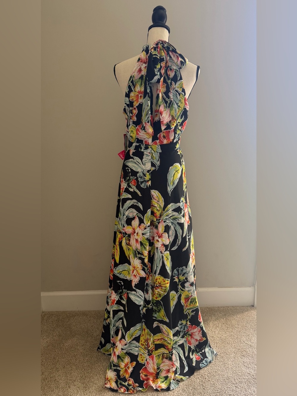 Nicole Miller Hibiscus Print Satin Floral Halter Maxi Dress Size 12 - Picture 7 of 12
